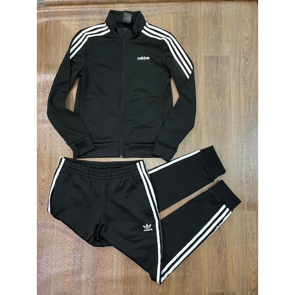 Adidas bundle Tracksuit Set Women Small Black White 3-Stripe Zip Jacket Joggers
